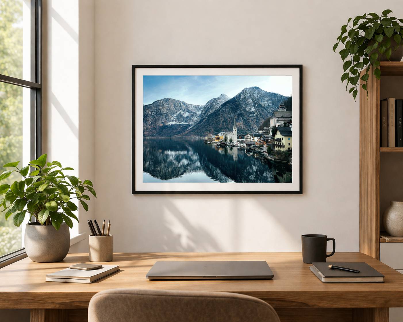 Hallstatt framed print mockup in office