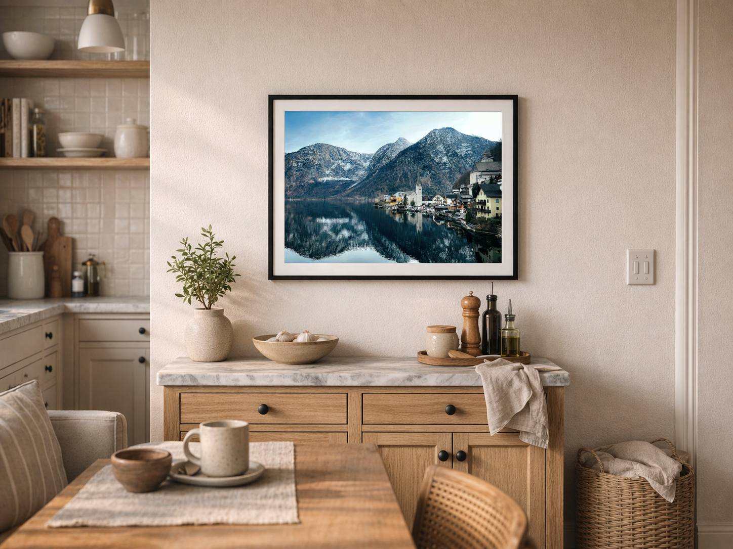 Hallstatt framed print mockup in kitchen