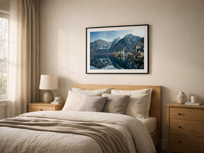 Hallstatt framed print mockup in bedroom