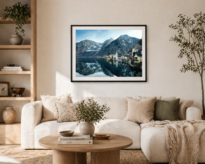 Hallstatt framed print mockup in living room