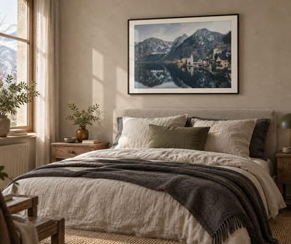 Hallstatt framed wall art in a bedroom