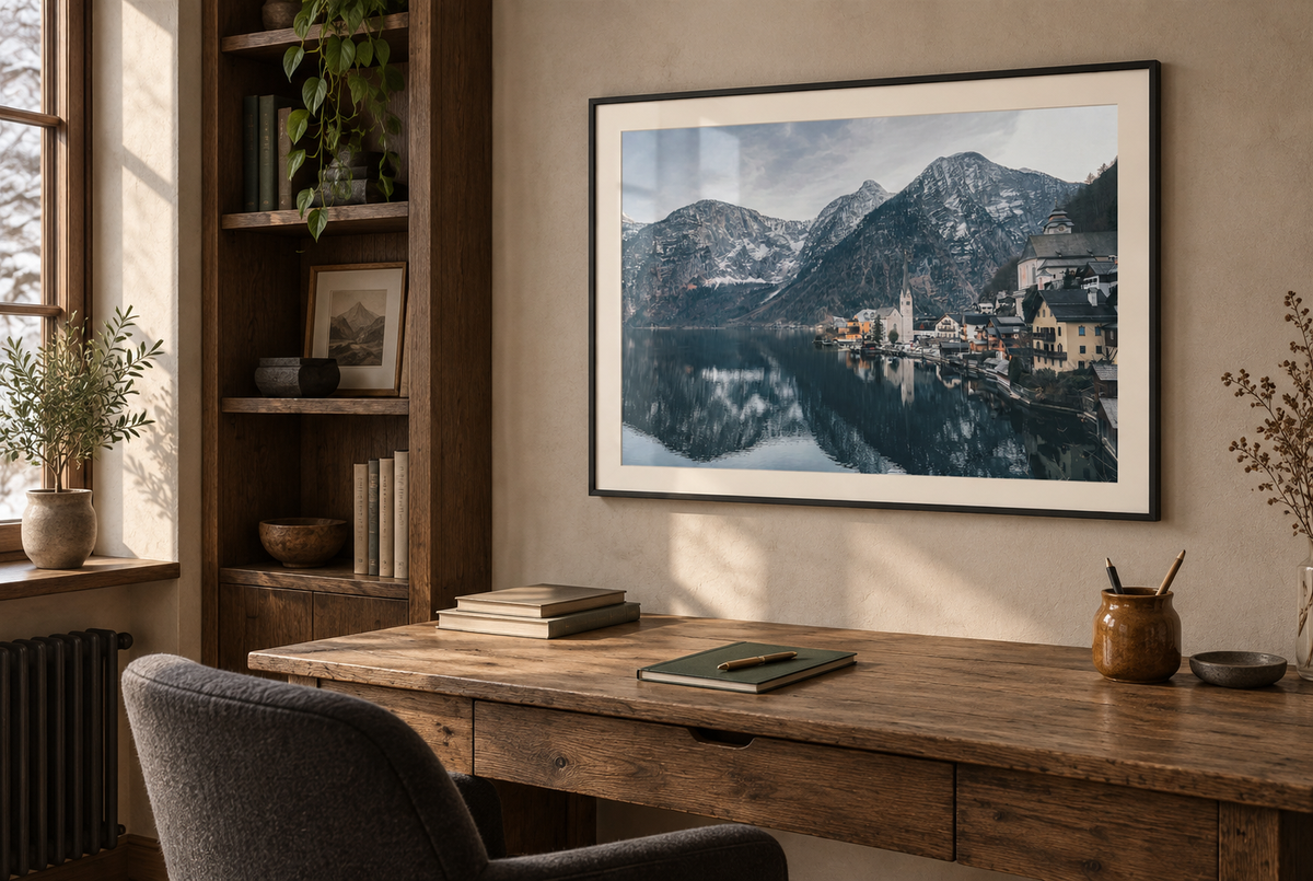 Hallstatt framed wall art in a home office