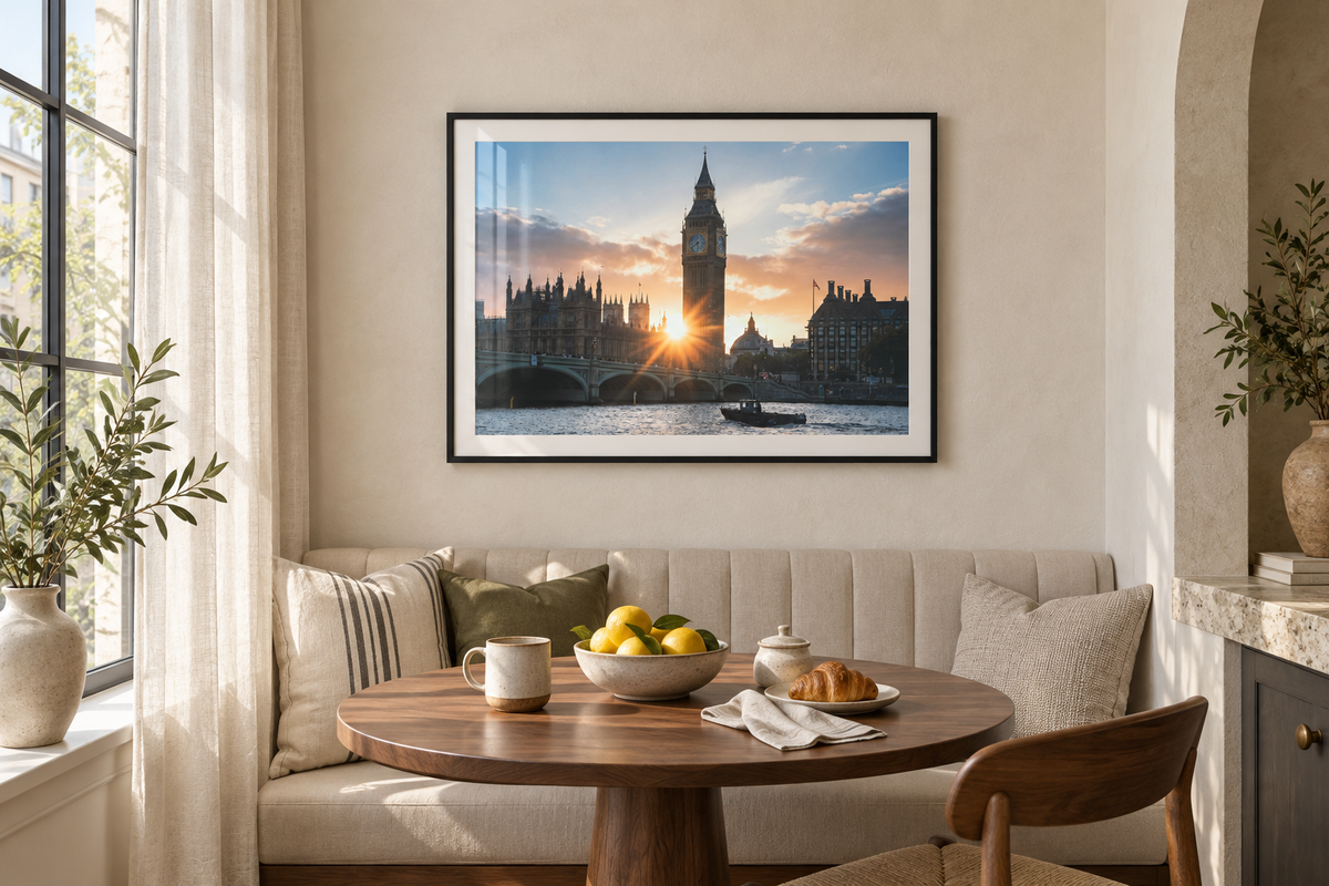 London Bridge and the Thames framed print in a breakfast nook