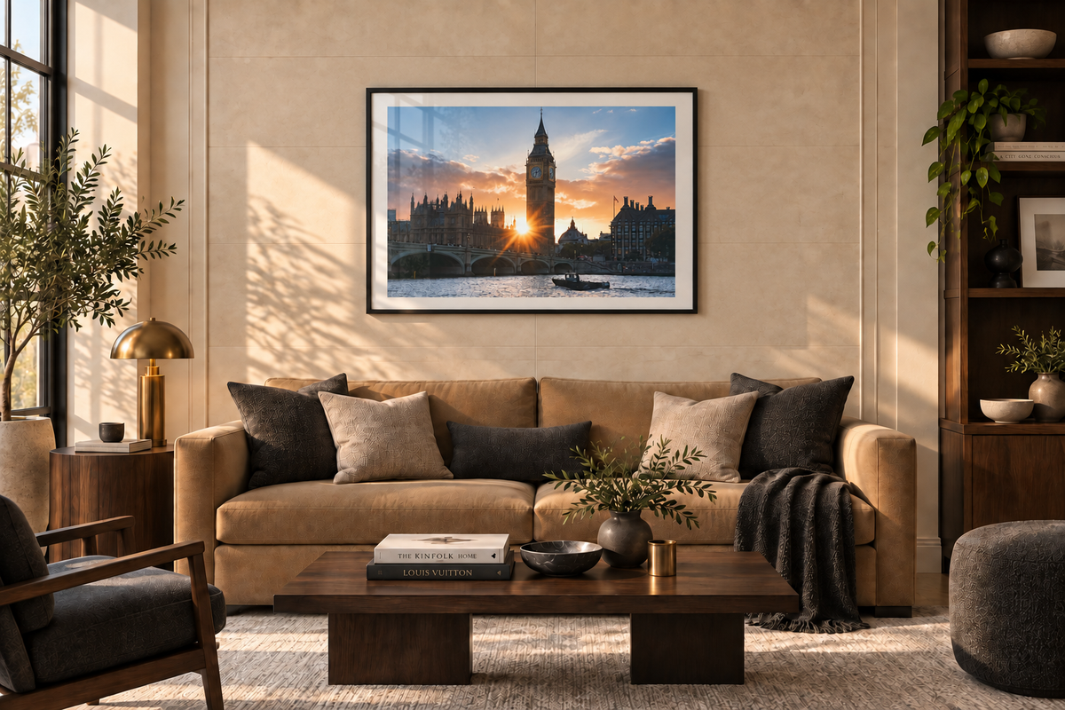 London Bridge and the Thames framed print in a living room