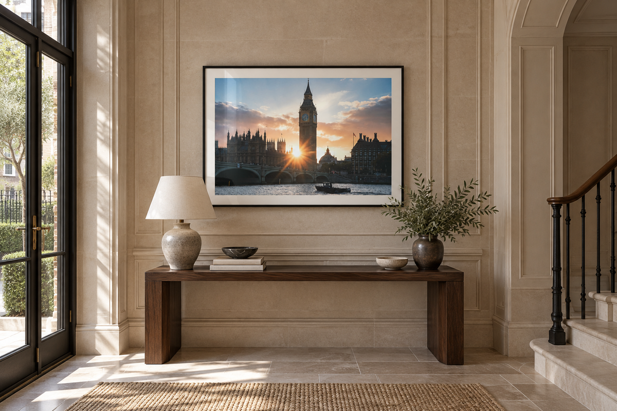 London Bridge and the Thames framed print in a panelled entry hall