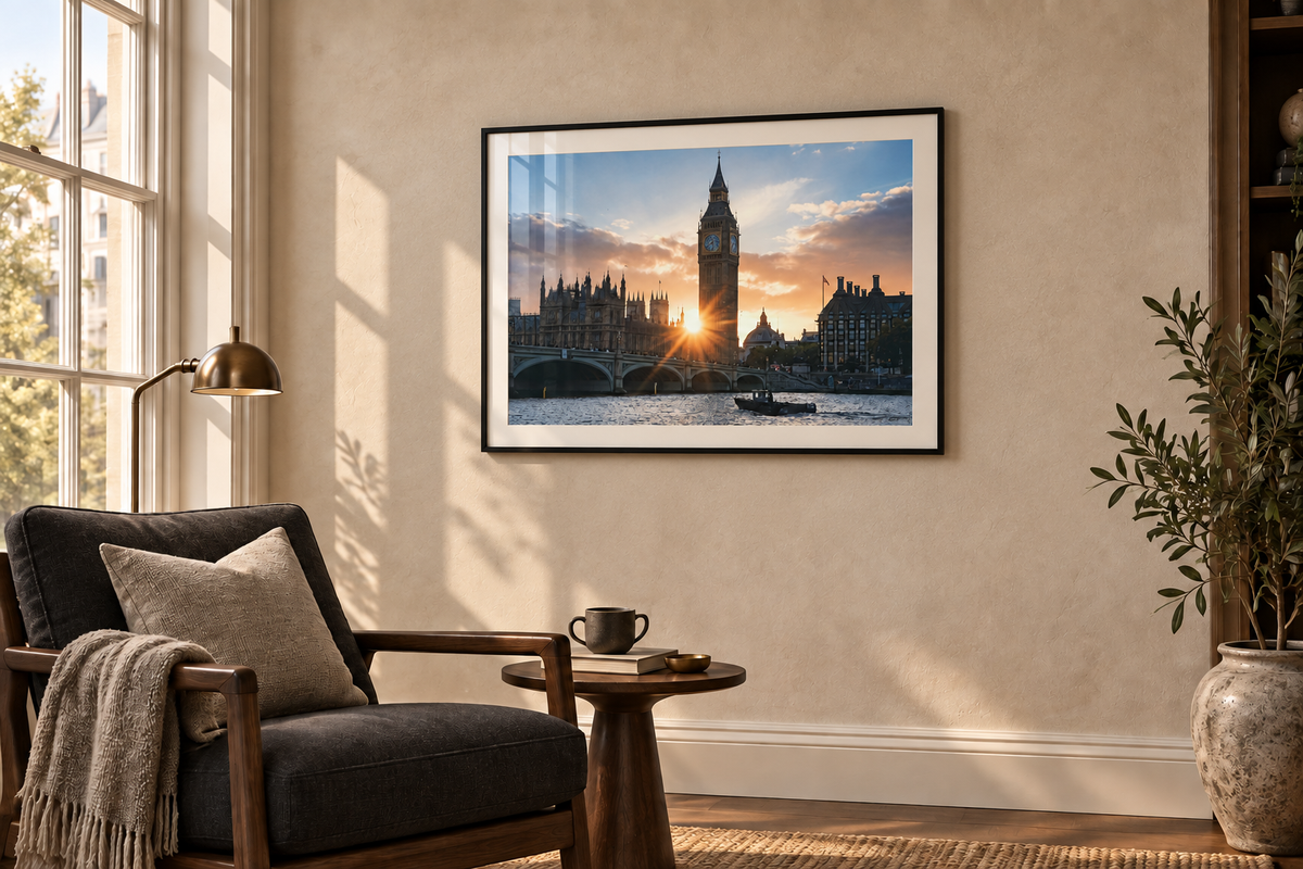 London Bridge and the Thames framed print in a reading nook