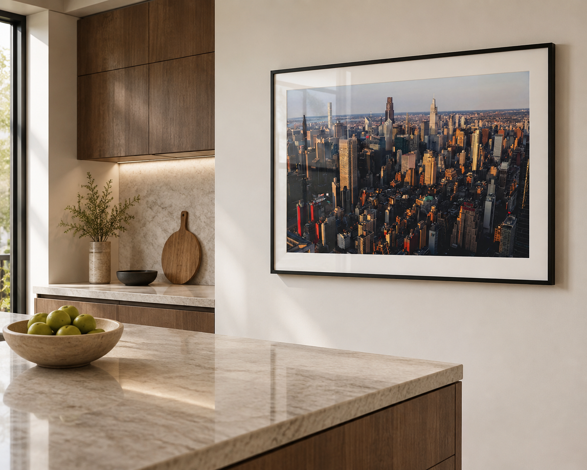 New York From Above framed print kitchen island mockup