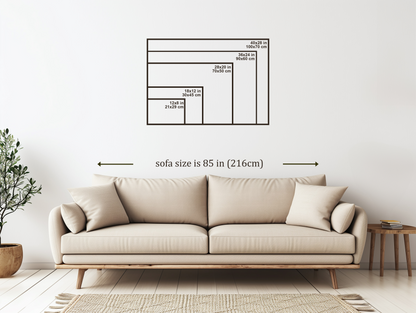 WorldFrame framed wall art size guide with sofa scale reference