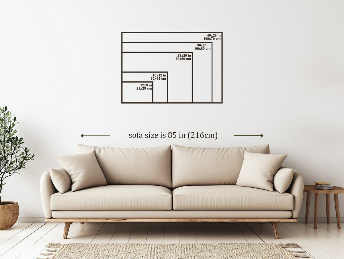 WorldFrame framed wall art size guide with sofa scale reference